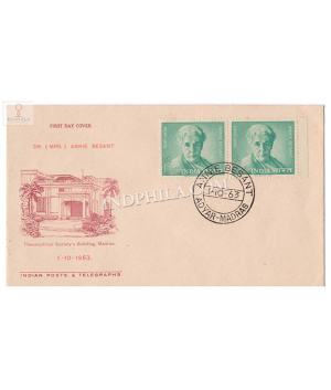India 1963 Annie Besant Double Stamp Fdc