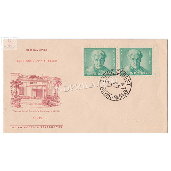 India 1963 Annie Besant Double Stamp Fdc