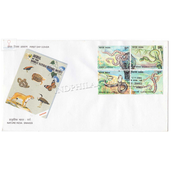 India 2003 Nature India Snakes Python Pit Viper King Cobra Gliding Snake Fdc