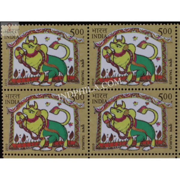 India 2010 Astrologicalsigns Taurus Mnh Block Of 4 Stamp