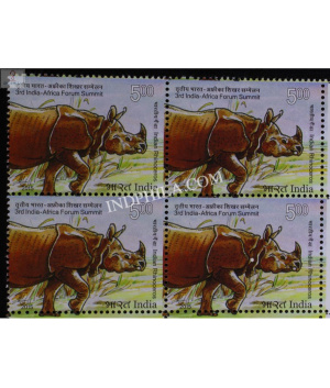 India 2015 3rd India Africa Forum Summit One Horned Rhino Mnh Block Of 4 Stamp
