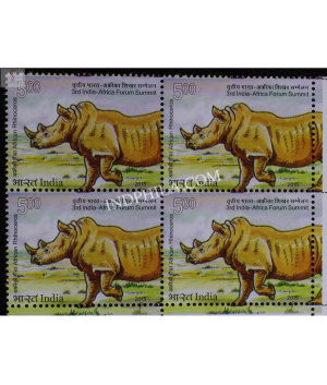 India 2015 3rd India Africa Forum Summit Two Horned Rhino Mnh Block Of 4 Stamp