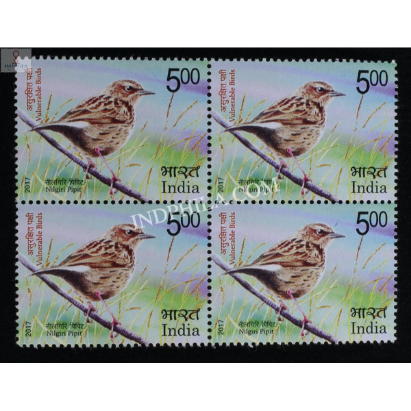 India 2017 Vulnerable Birds Nilgiri Pipit Mnh Block Of 4 Stamp