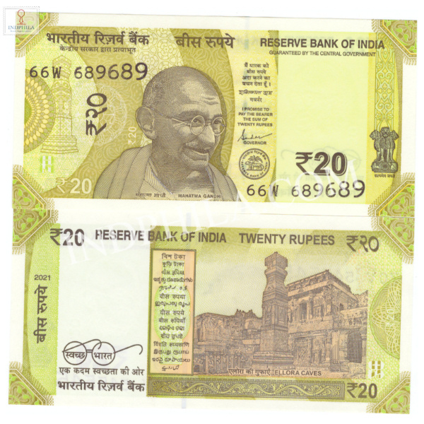20 Rupees Note Shakti Kanta Das Governor Inset Plain 2021 Doubling Number 689689_UNC