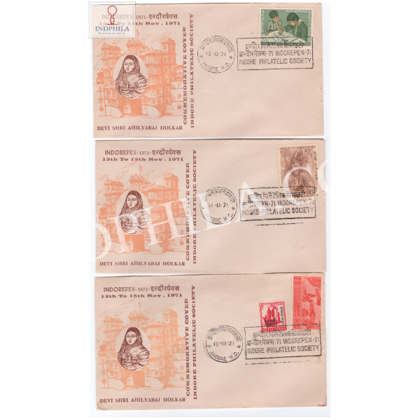 India 1971 Special Cover Of Indorepex Devi Shri Ahilyabai Holkar Set Of 3 Covers 1971