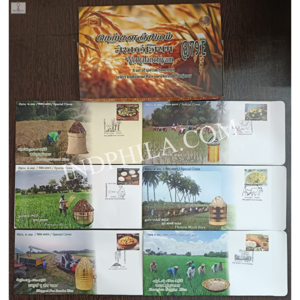 India 2024 Unusual Special Cover of on Select Traditional Rice Varieties of Thanjavur Set of 6 Covers with a real Rice Affixed on cover was released on 2024