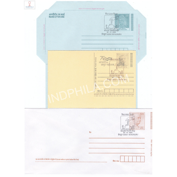 Special Cancellation Celebrating World Thrift Day on Postal Stationery Postcard Inland Letter and Envelope