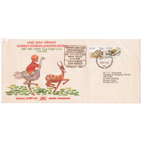 Air India First Flight Cover Bombay Durbban Johannesburg 1993