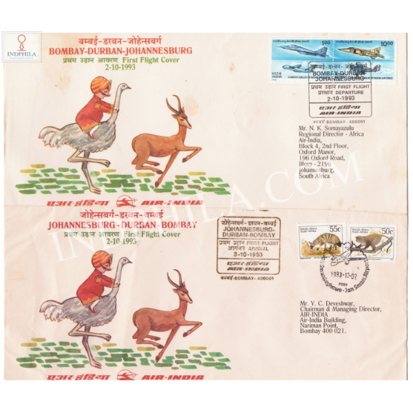 Air India First Flight Cover Bombay Durbban Johannesburg to Johannesburg Durban Bombay 1993