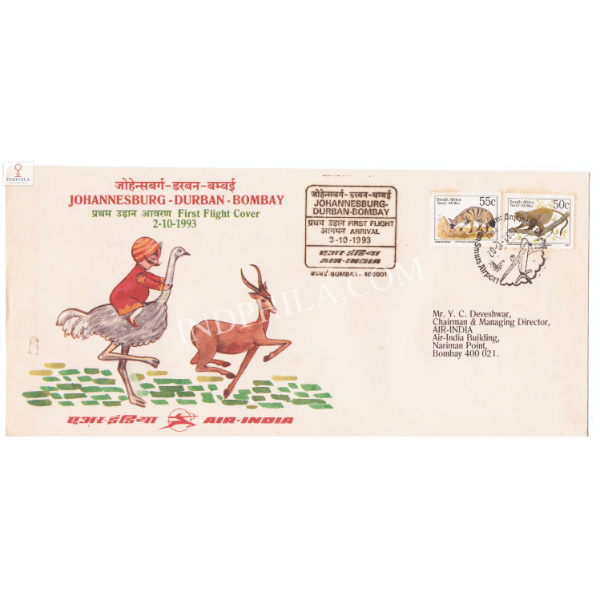 Air India First Flight Cover Johannesburg Durban Bombay 1993