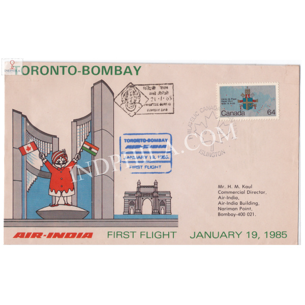 Air India First Flight Cover Toronto Bombay 1985