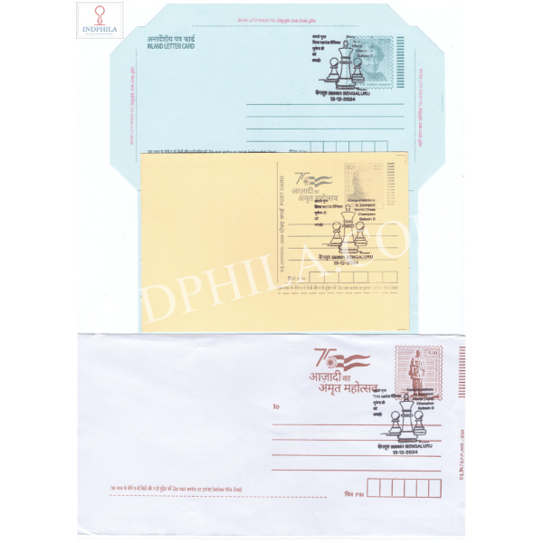Special Cancellation Celebrating Gukesh D The Youngest World Chess Champion on Postal Stationery Postcard Inland Letter and Envelope