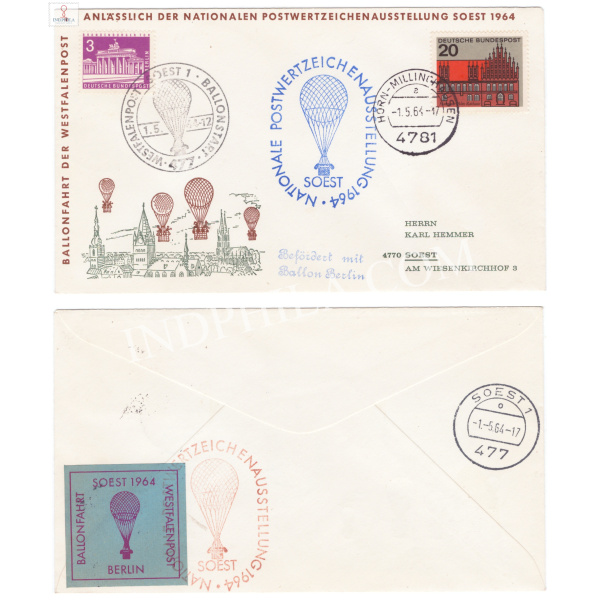 Ballon Flight to Soest Special Ballon Label with Cachet on Reverse 1964 Germany