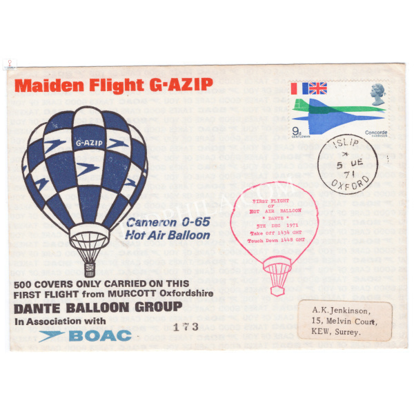 Cover Carried on Hot Air Balloon Cameron 0-65. Limited 500 covers flown 1971