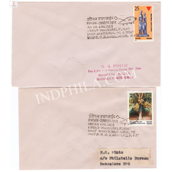 Indian Airlines Airbus Inaugural Flight Bangalore-Bombay 2 Covers 14-1-1977 Stamp May Differ