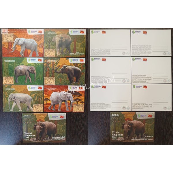 A Set of 6 Cancelled Picture Postcard - On Occasion of World Elephant Day. Featuring Gayathri - The Oldest Zoo Elephant @ Bannerughatta Biological Park, Bangalore With Matching Sandalwood Elephant Stamp